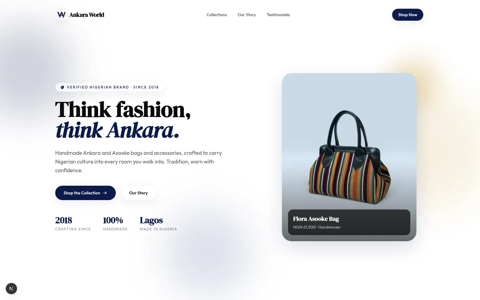 Ankara World fashion brand website hero with handmade Asooke bag