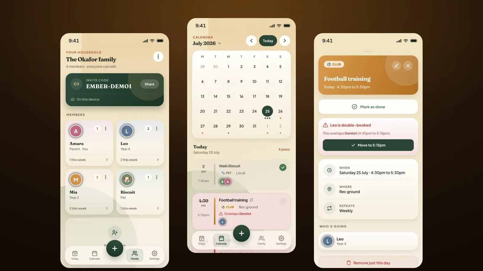 Emberstead app screens showing family members, month calendar, and clash detection