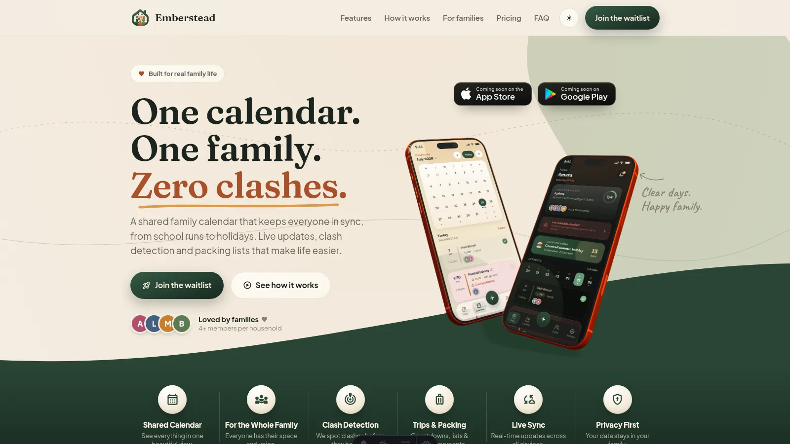 Emberstead marketing site hero with One calendar One family Zero clashes headline