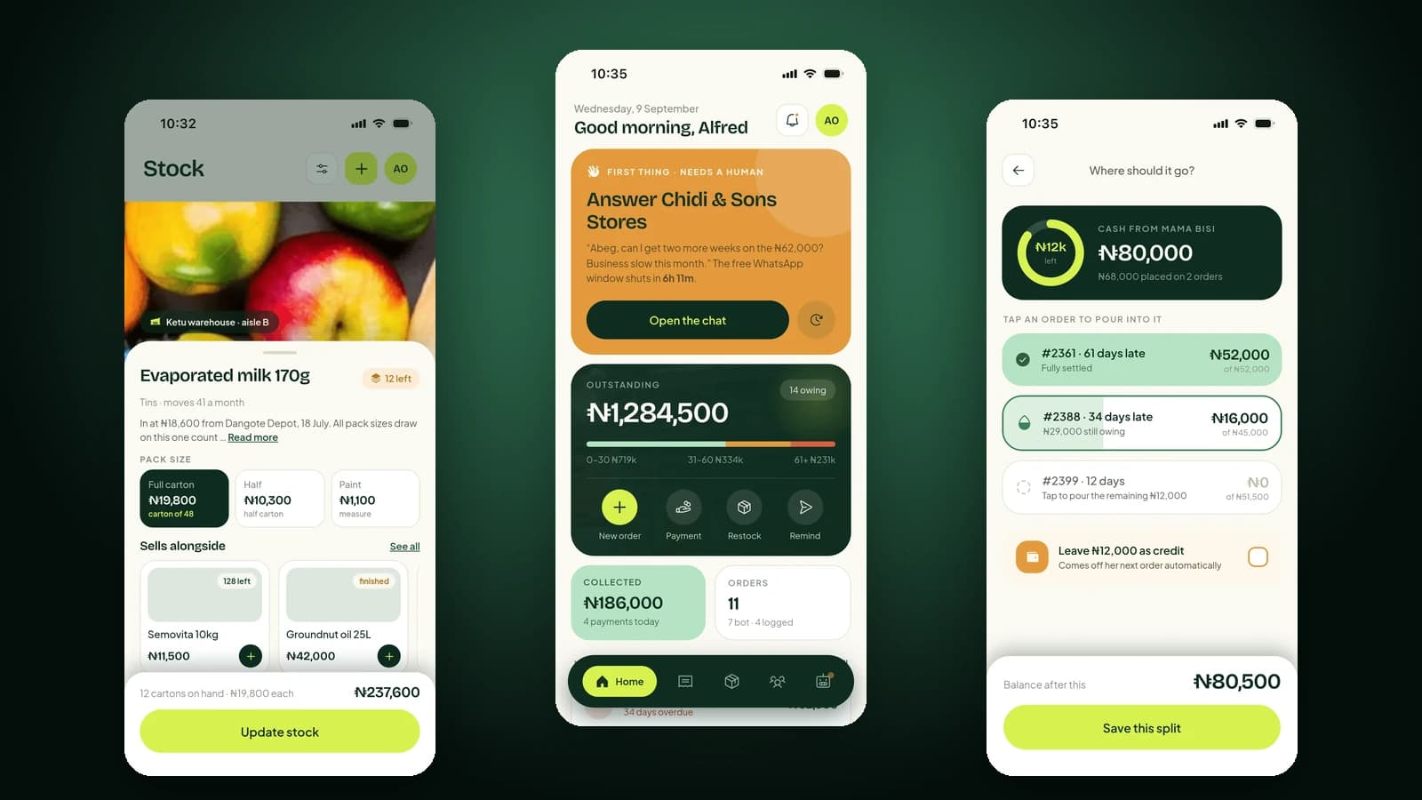 Three Storvey app screens: a product sheet with pack sizes, the owner home with outstanding balance, and splitting a payment across overdue orders